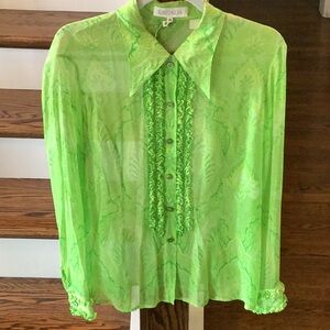 Escada Green Ruffled Notched Collar Blouse